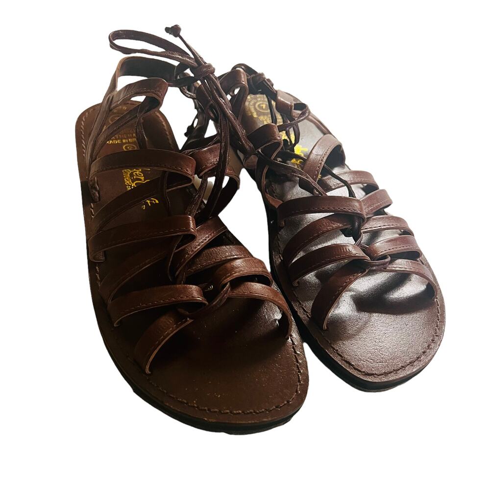 Leathercraft Leather Strappy Lace Up Flat Sandals Size 7 Brown - Picture 2 of 9